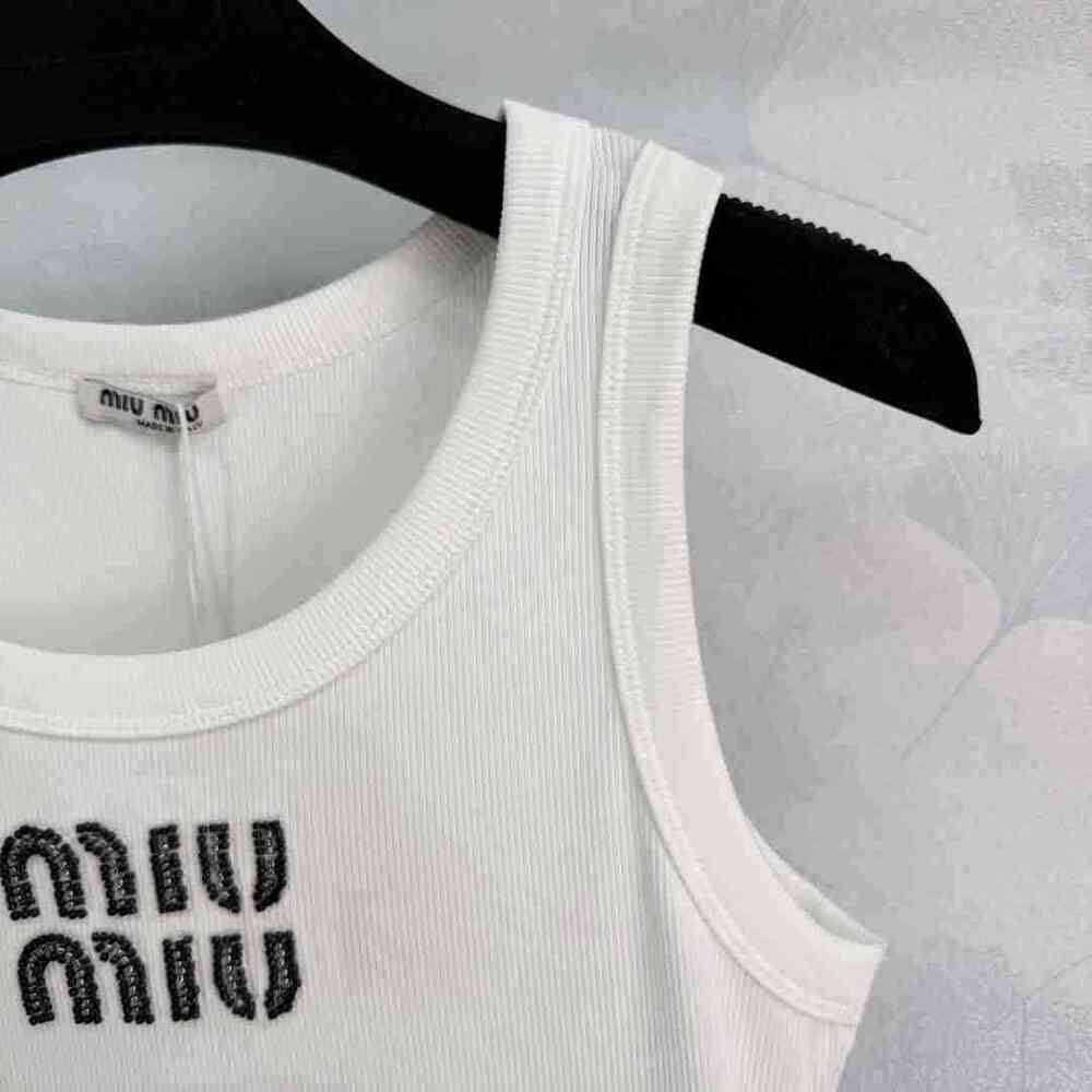 💎Miu Miu Rhinestone Logo White Ribbed U-Neck Fitted Tank Top - Picture 4 of 5